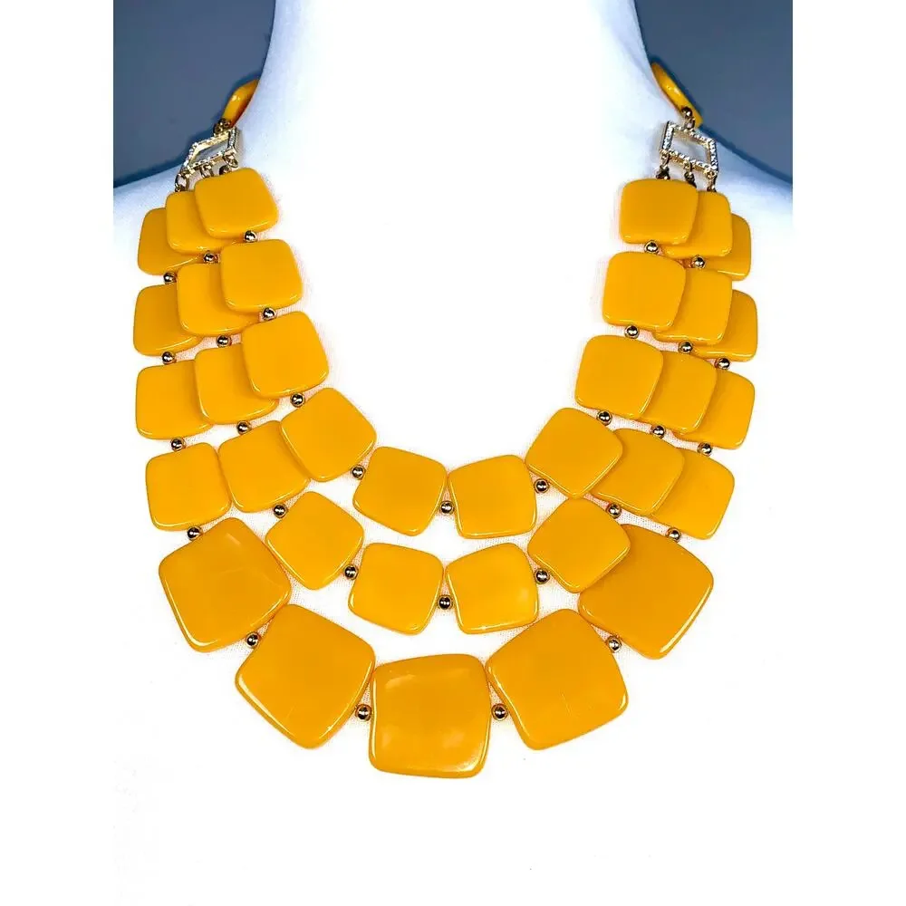 Vintage 1970's Multistrand Mustard Yellow Acrylic Square Statement Necklace